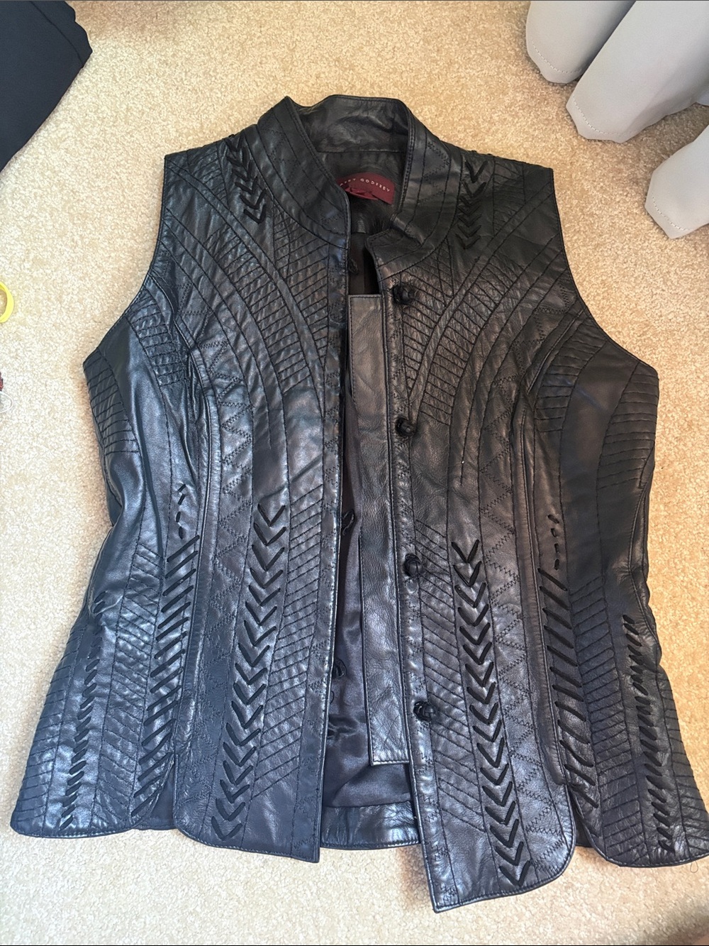 Women's Black Quilted Leather Vest with Textured Paneling